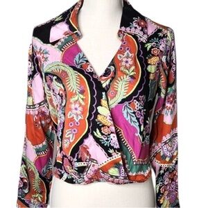 Rachel Zoe Faux Wrap Blouse Vibrant Floral print Long Sleeve Womens M